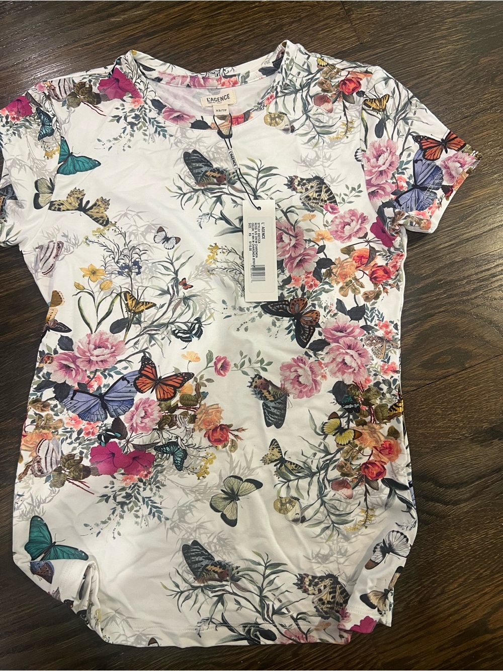 L'AGENCE White Short-Sleeve Tee with Multicolor Floral & Butterfly Print